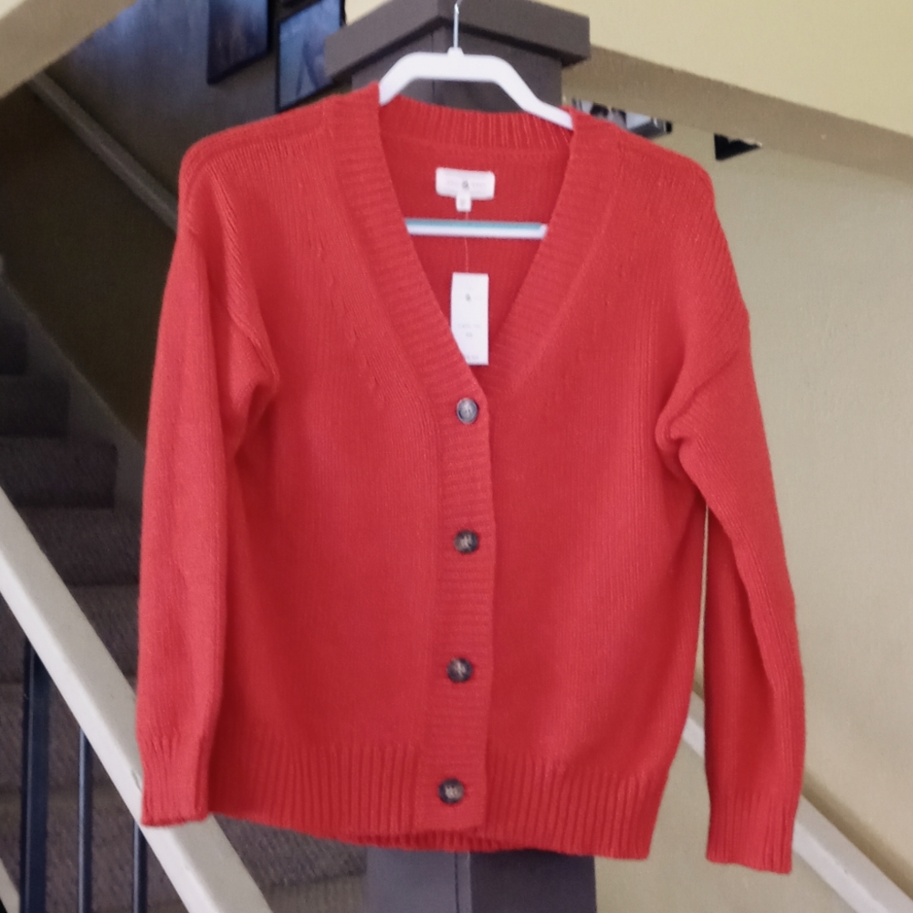 Lou & Grey Red-Orange Plunge V-Neck Button-Up Sweater NWT Women's Size XS